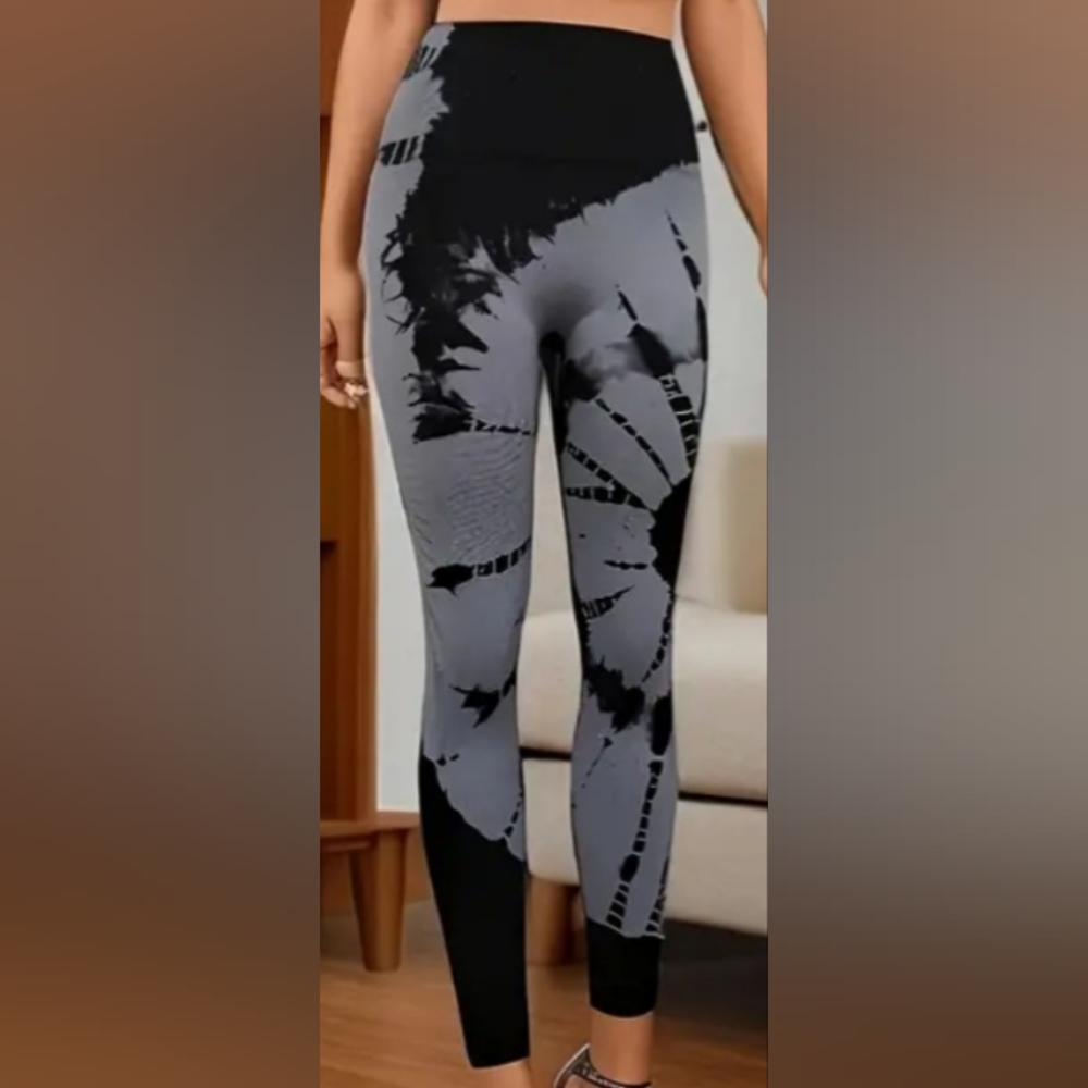 S/M Womens Seamless Tie Dye Leggings Gray Black